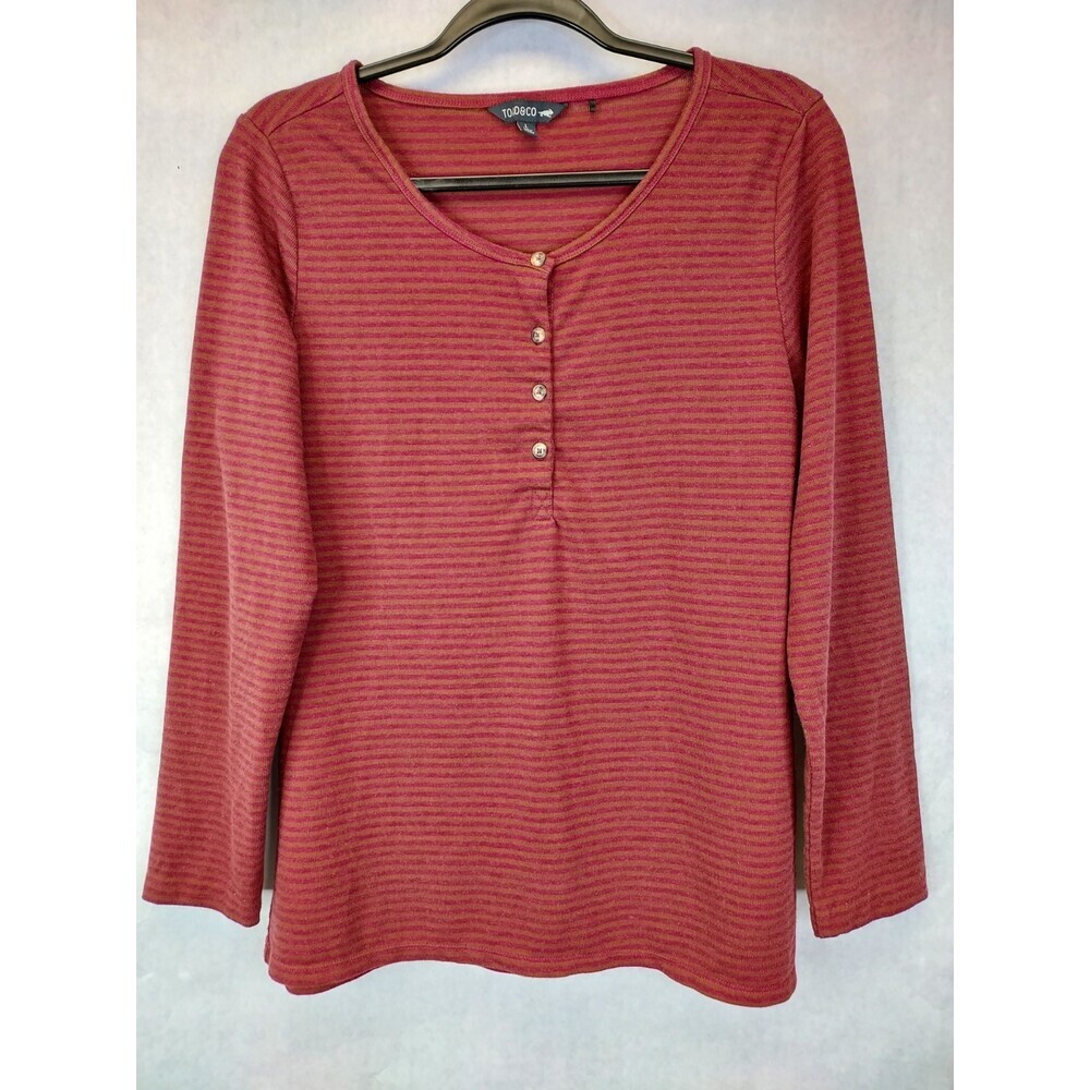 Toad & Co Piru Long Sleeve Shirt Henley Womens L Ruska Stripe Hemp Boho Gorpcore
